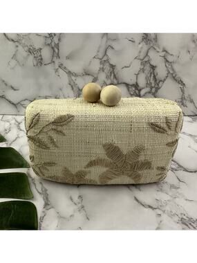 Kayu Sierra Natural Raffia Embroidered Clutch Bag Purse Tropical Floral Palms